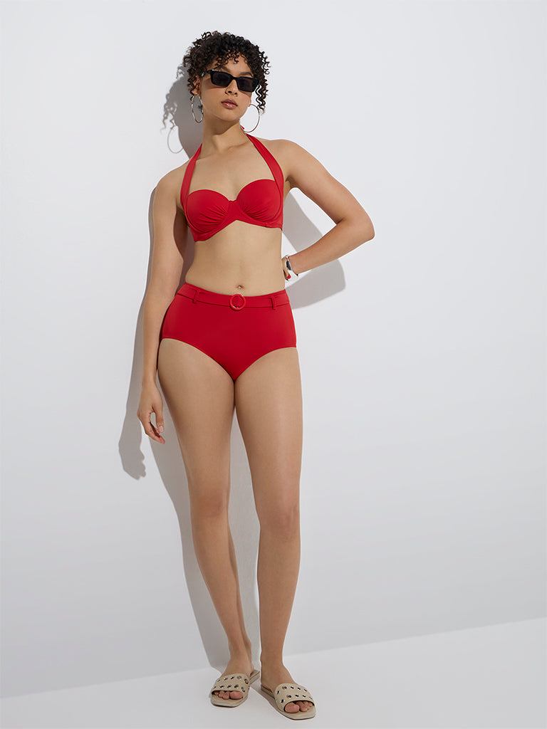 Wunderlove Swimwear Red Solid High-Waist Full Briefs