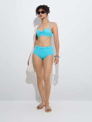Wunderlove Swimwear Blue Solid High-Waist Full Briefs