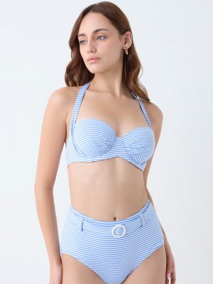 Wunderlove Swimwear Blue Striped Balconette Underwired Bra
