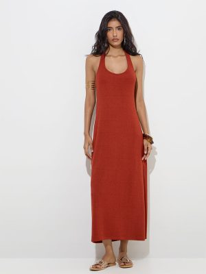 LOV Rust Knit-Textured Linen-Blend A-Line Dress