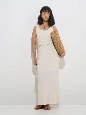 LOV Off-White Self-Striped Straight Dress with Belt
