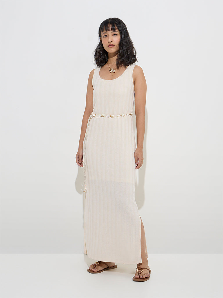 LOV Off-White Self-Striped Straight Dress with Belt - Image 2