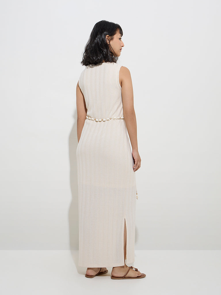 LOV Off-White Self-Striped Straight Dress with Belt - Image 4
