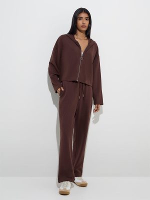 LOV Brown Self-Textured High-Rise Pants