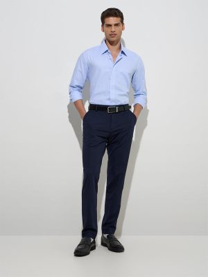 WES Formals Blue Self-Patterned Relaxed-Fit Cotton Shirt