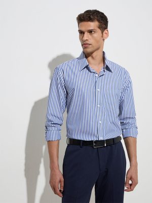 WES Formals Blue Stripe Printed Relaxed-Fit Cotton Shirt