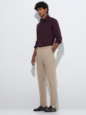 WES Formals Beige Slim-Fit Mid-Rise Trousers