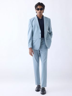 WES Formals Light Teal Slim-Tapered Fit Mid-Rise Trousers