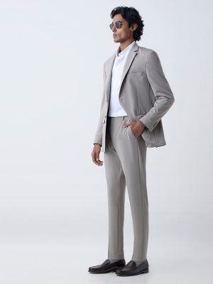 WES Formals Taupe Solid Slim-Tapered Fit Mid-Rise Trousers