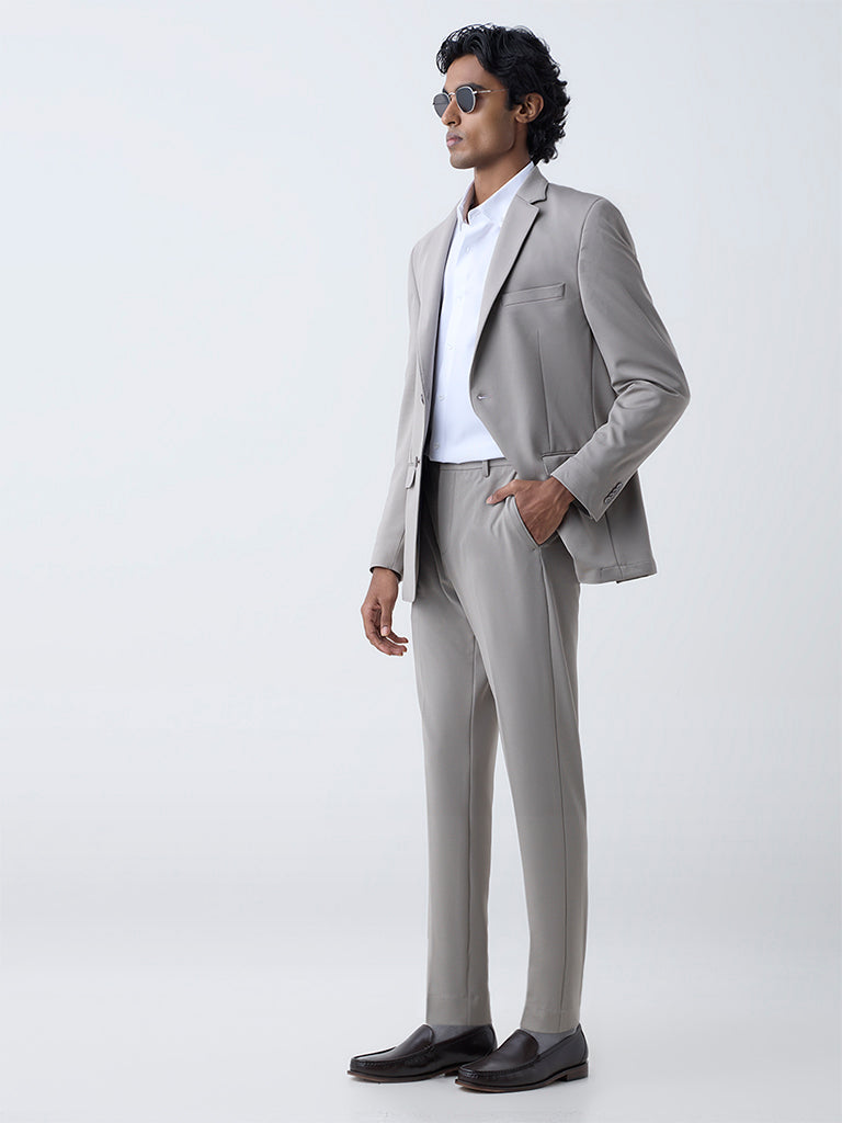 WES Formals Taupe Solid Slim-Tapered Fit Mid-Rise Trousers