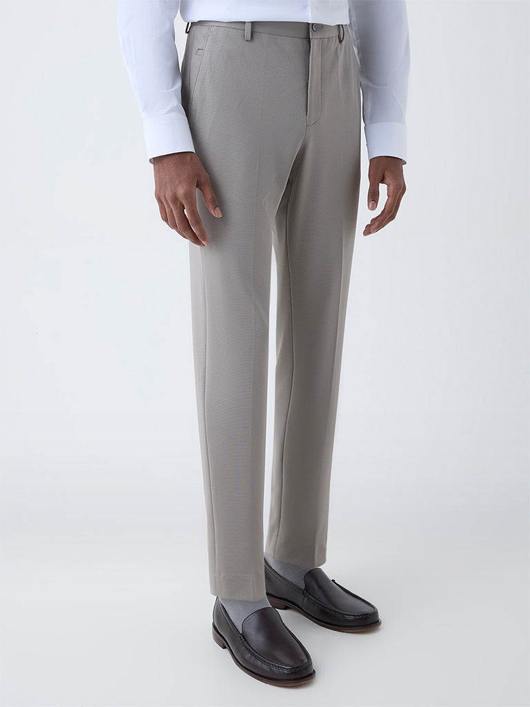 WES Formals Taupe Solid Slim-Tapered Fit Mid-Rise Trousers - Image 2