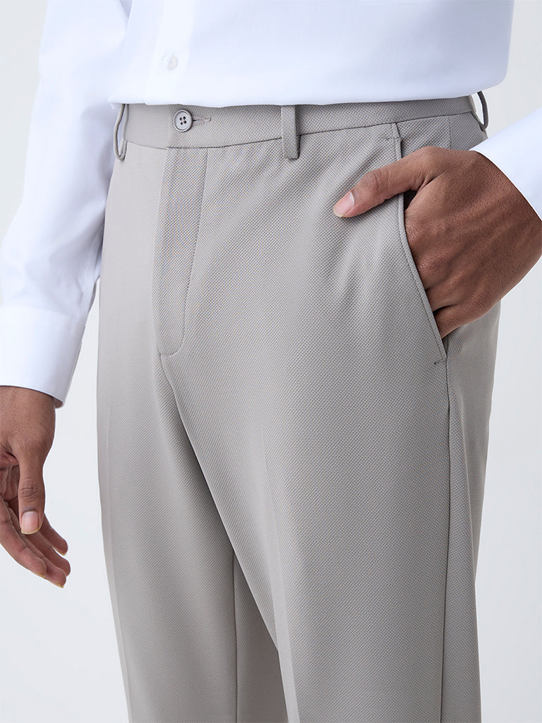 WES Formals Taupe Solid Slim-Tapered Fit Mid-Rise Trousers - Image 3