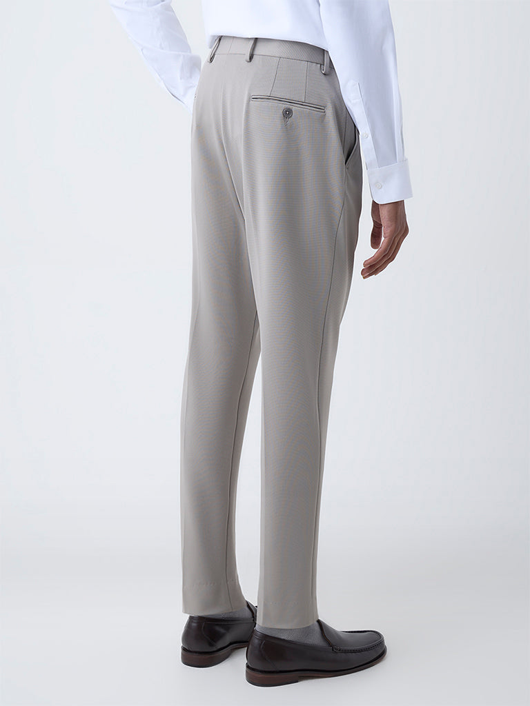 WES Formals Taupe Solid Slim-Tapered Fit Mid-Rise Trousers - Image 4