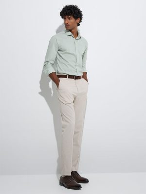 WES Formals Beige Checkered Slim-Fit Mid-Rise Trousers