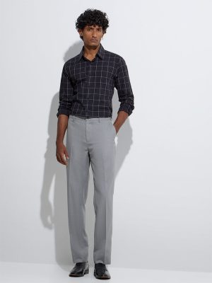 WES Formals Grey Relaxed-Fit Mid-Rise Trousers