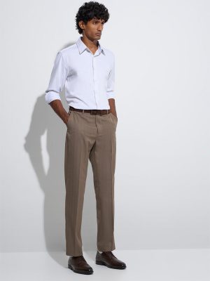 WES Formals Taupe Self-Striped Relaxed-Fit Mid-Rise Trousers