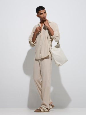 ETA Beige Solid Relaxed-Fit Cotton-Blend Shirt