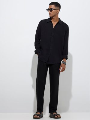 ETA Black Crinkle-Textured Relaxed-Fit Cotton Shirt