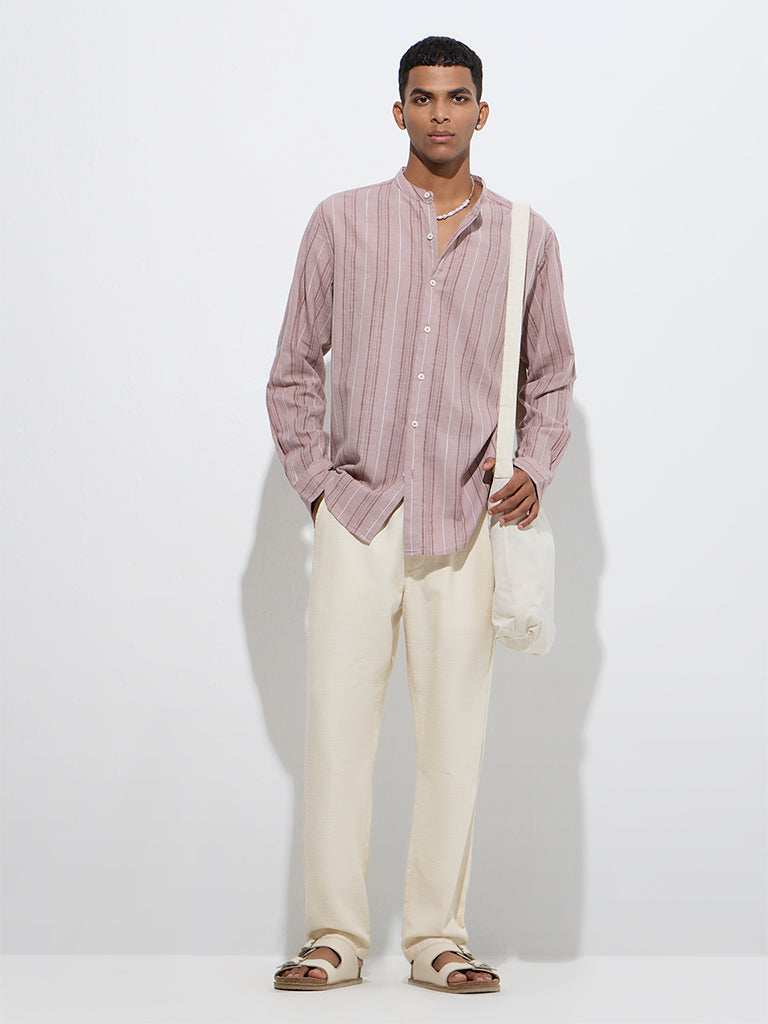 ETA Dusty Pink Stripe Pattern Relaxed-Fit Cotton Shirt - Image 3