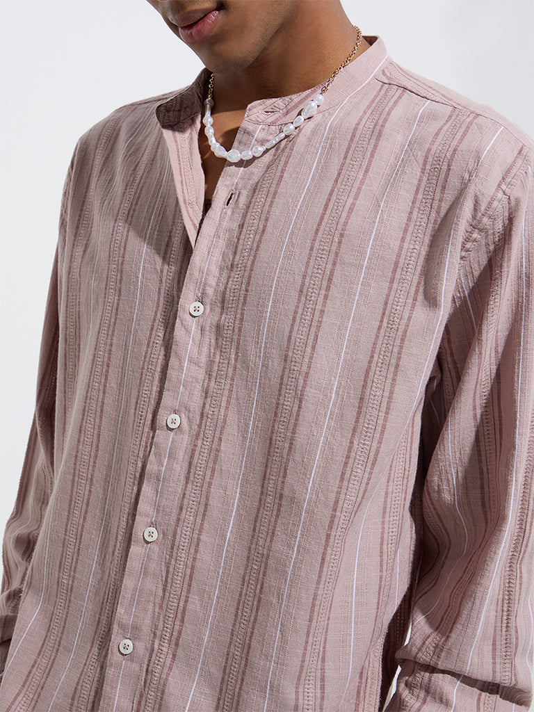 ETA Dusty Pink Stripe Pattern Relaxed-Fit Cotton Shirt - Image 4