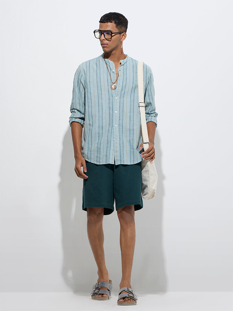 ETA Teal Stripe Printed Relaxed-Fit Cotton Shirt