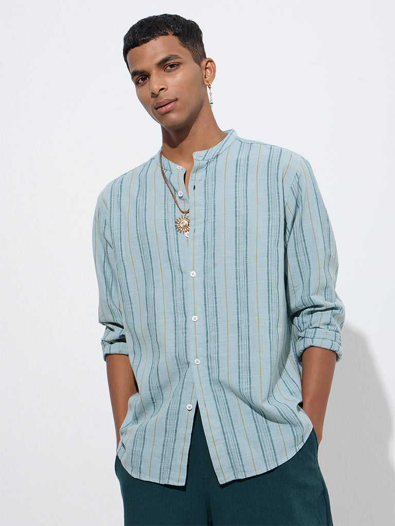 ETA Teal Stripe Printed Relaxed-Fit Cotton Shirt - Image 3