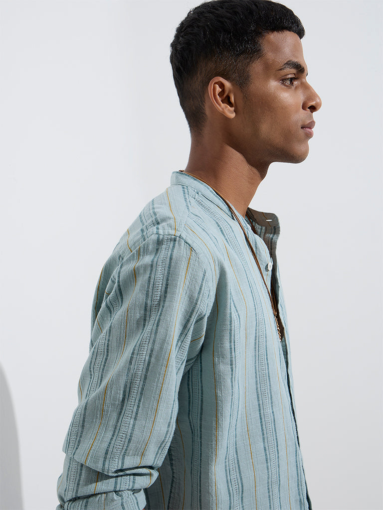 ETA Teal Stripe Printed Relaxed-Fit Cotton Shirt - Image 4
