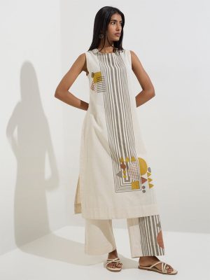 Utsa Off-White Geometric Design Cotton-Blend Palazzos