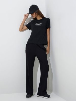 Studiofit Black Ribbed-Textured High-Rise Track Pants