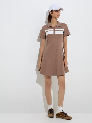 Studiofit Taupe Ribbed Cotton-Blend Skater Dress