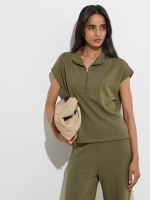 LOV Olive Solid Quarter Zip Top