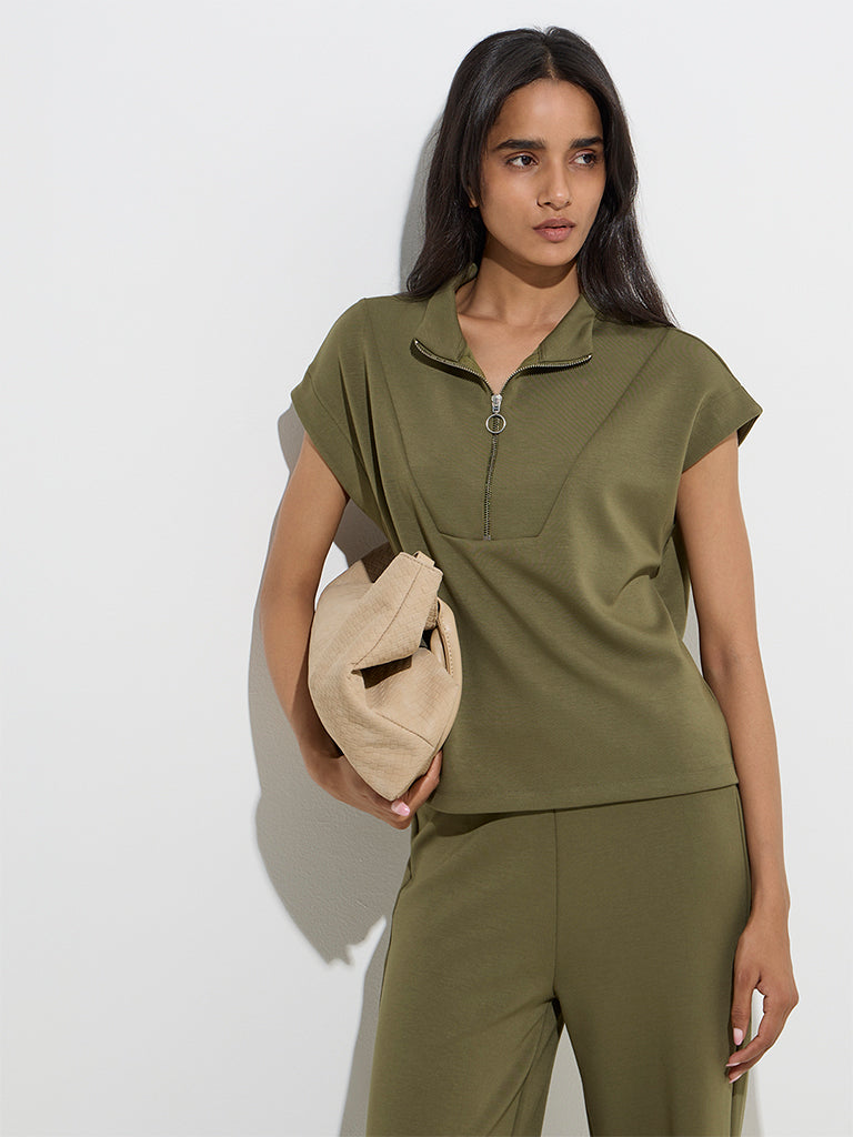LOV Olive Solid Quarter Zip Top