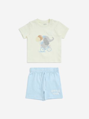 HOP Baby Light Yellow Printed Cotton T-Shirt and Shorts Set