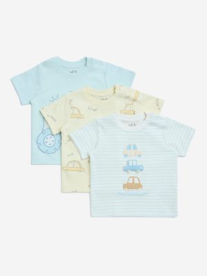 HOP Baby Blue Printed Cotton T-Shirts - Pack of 3