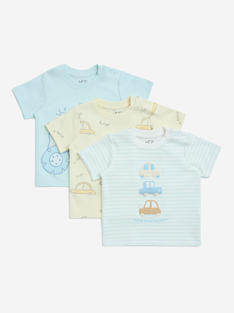HOP Baby Blue Printed Cotton T-Shirts - Pack of 3
