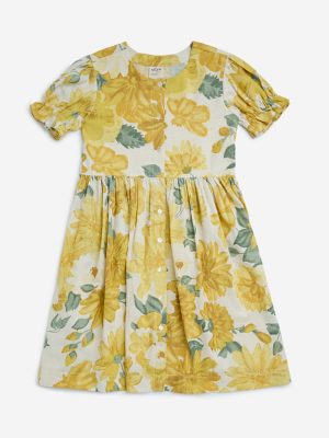 Utsa Kids Yellow Floral Design A-Line Cotton-Blend Dress - (8-14yrs)