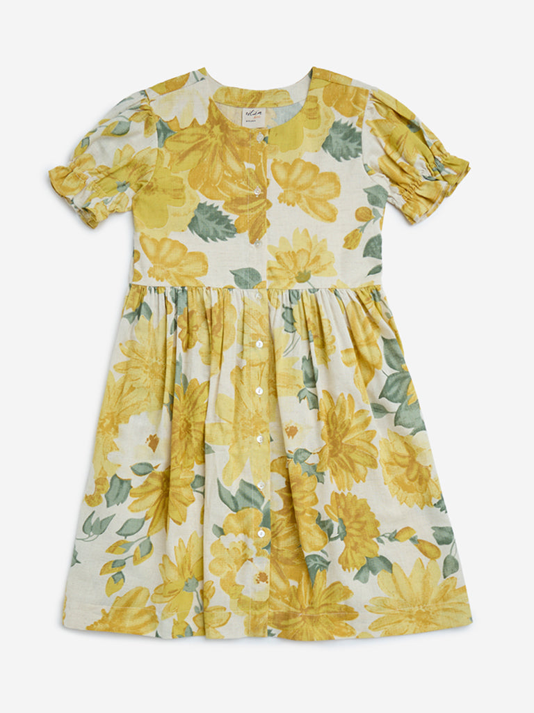 Utsa Kids Yellow Floral Design A-Line Cotton-Blend Dress - (8-14yrs)