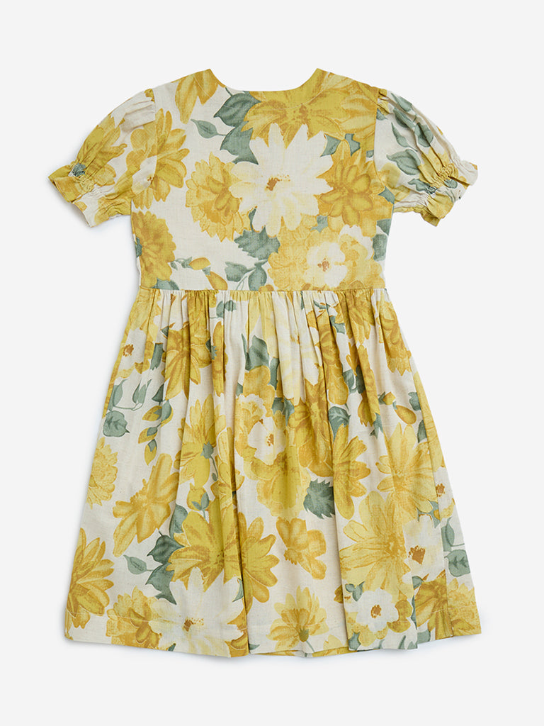 Utsa Kids Yellow Floral Design A-Line Cotton-Blend Dress - (8-14yrs) - Image 2