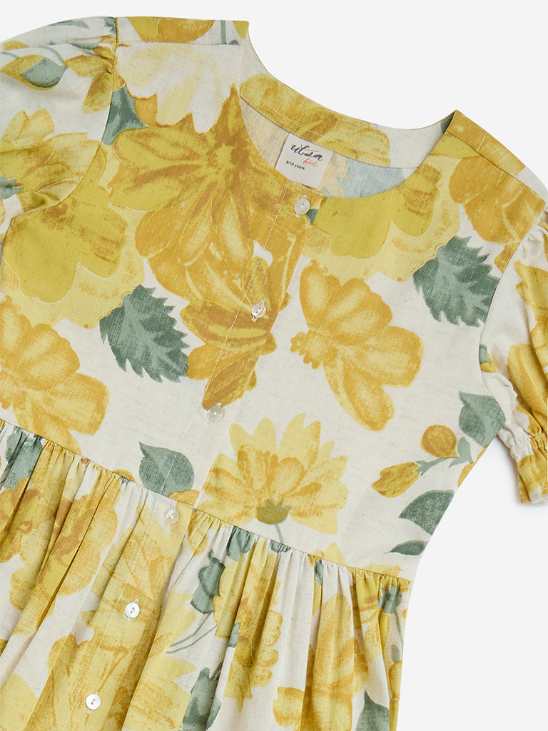 Utsa Kids Yellow Floral Design A-Line Cotton-Blend Dress - (8-14yrs) - Image 3