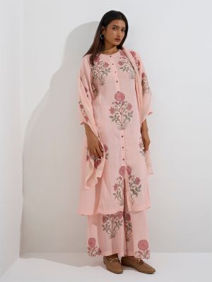 Zuba Peach Floral Butta Pattern Cotton-Blend Stole