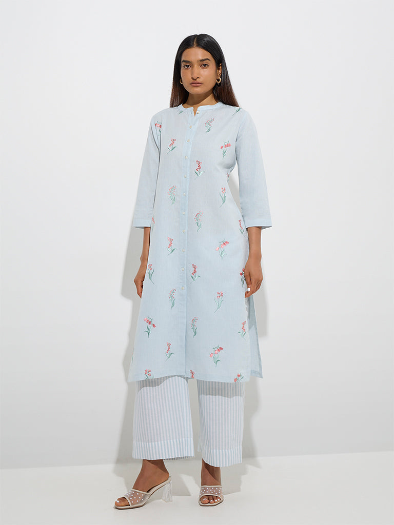 Zuba Light Blue Floral Embroidered Cotton A-Line Kurta