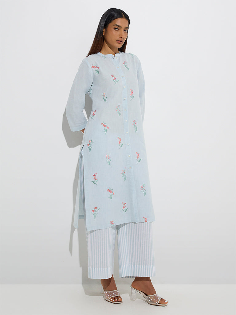 Zuba Light Blue Floral Embroidered Cotton A-Line Kurta - Image 2