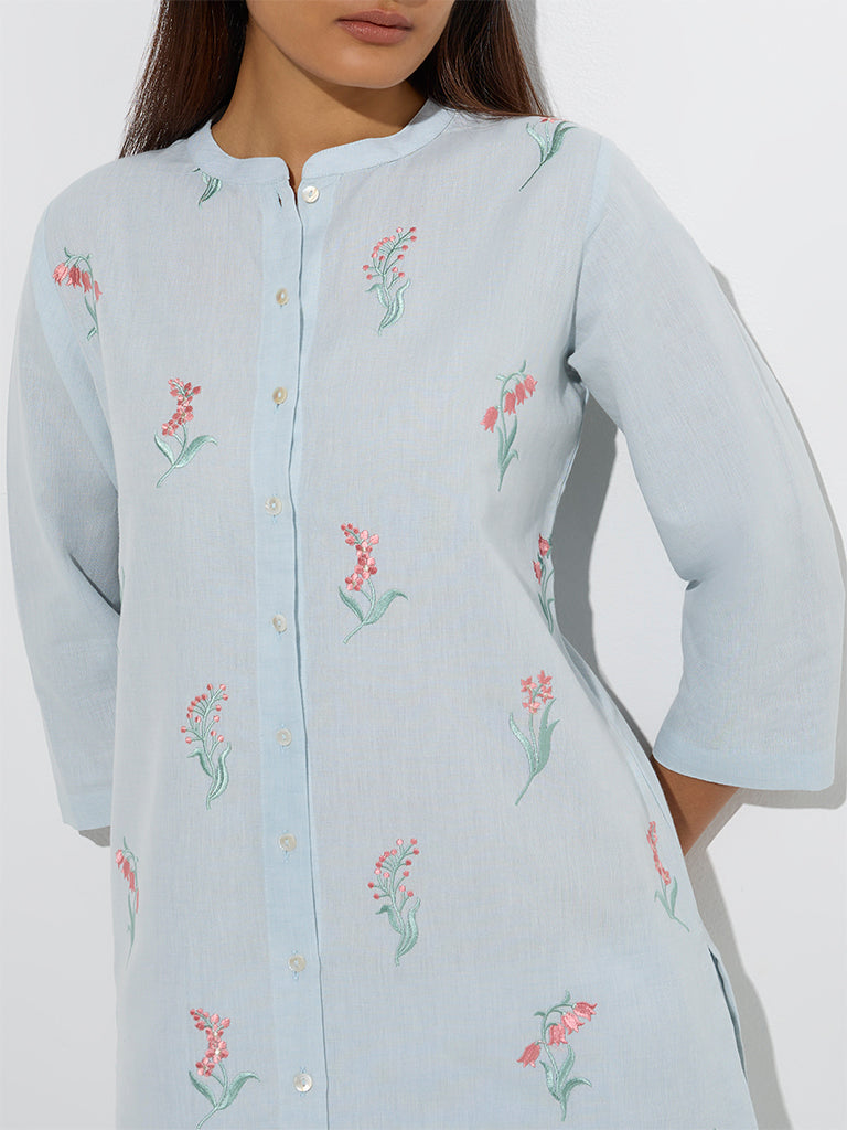 Zuba Light Blue Floral Embroidered Cotton A-Line Kurta - Image 3