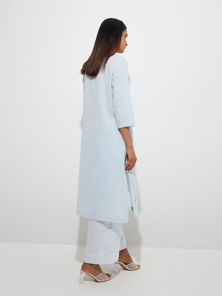 Zuba Light Blue Floral Embroidered Cotton A-Line Kurta - Image 4