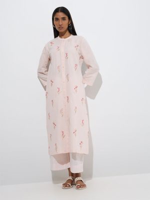 Zuba Pink Embroidered Cotton-Blend A-Line Kurta