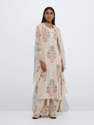 Zuba Off-White Floral Pattern A-Line Kurta