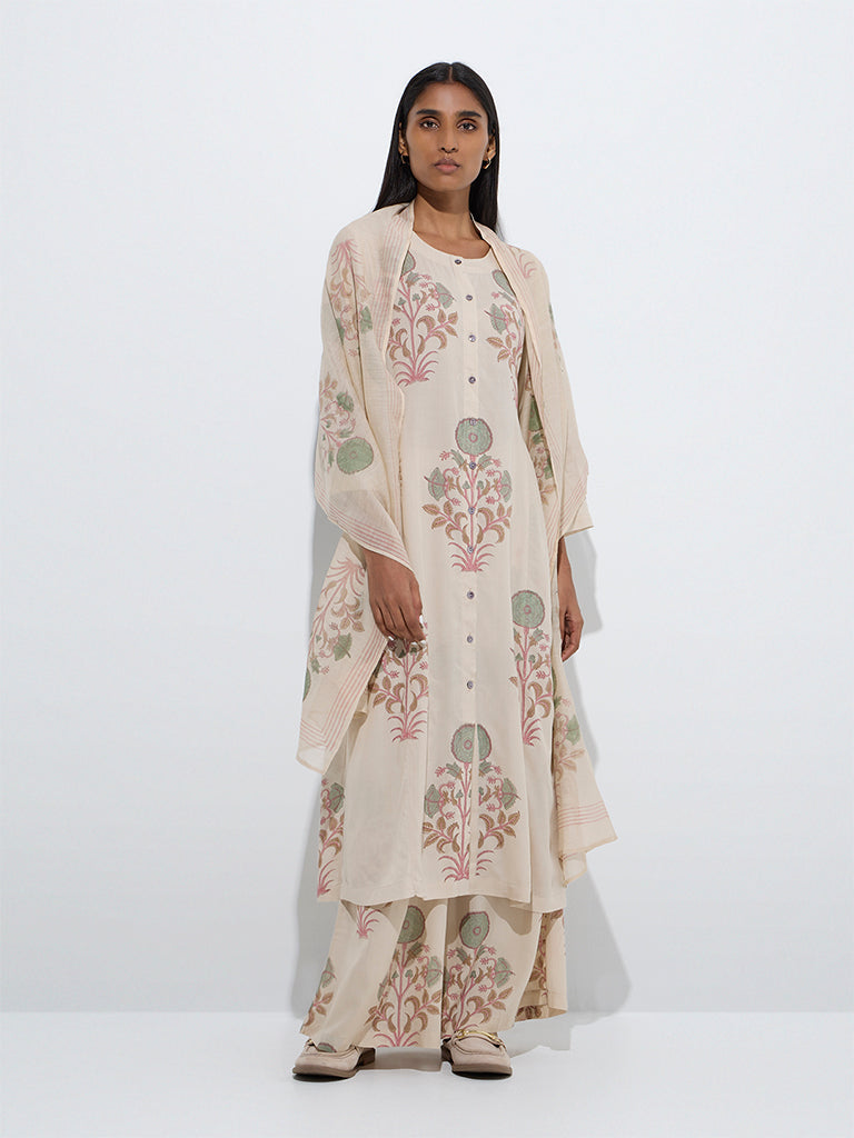 Zuba Off-White Floral Pattern A-Line Kurta