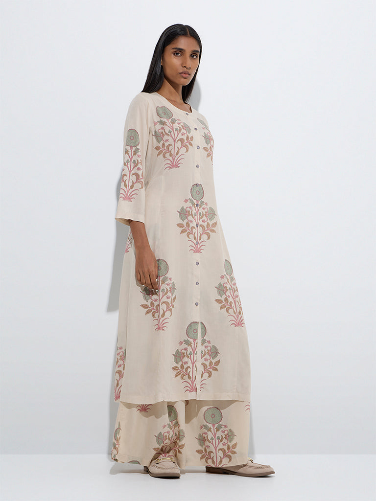 Zuba Off-White Floral Pattern A-Line Kurta - Image 2