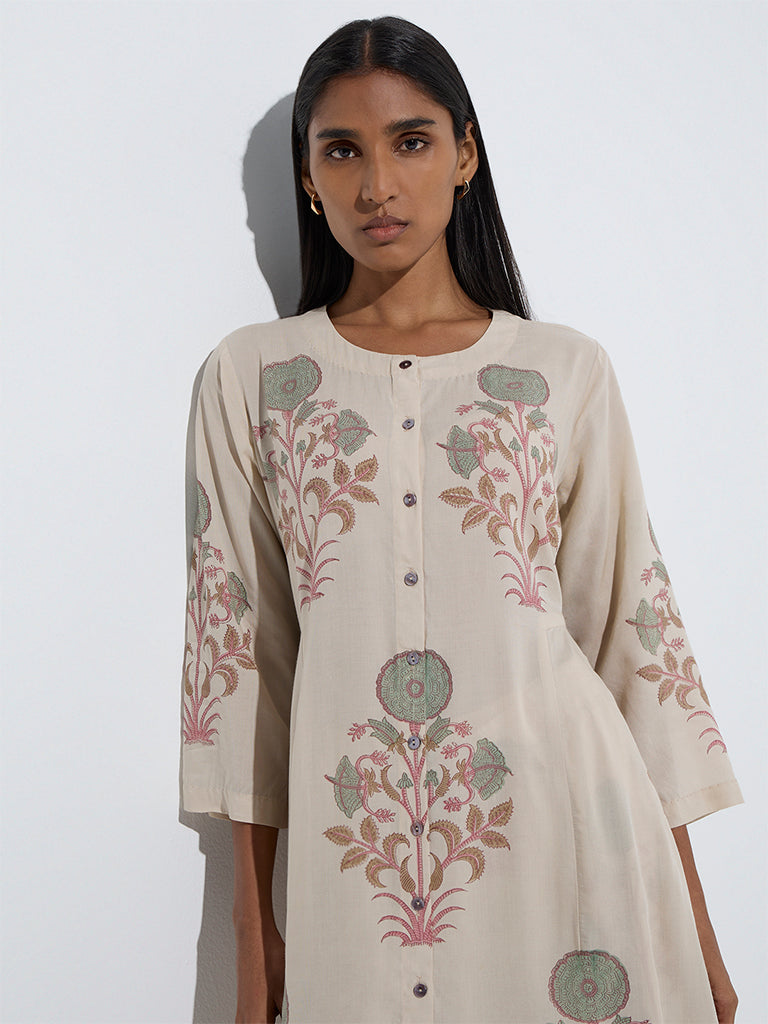 Zuba Off-White Floral Pattern A-Line Kurta - Image 3
