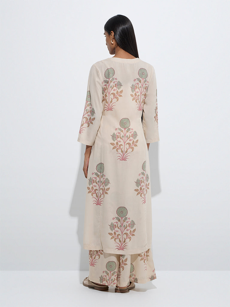 Zuba Off-White Floral Pattern A-Line Kurta - Image 4